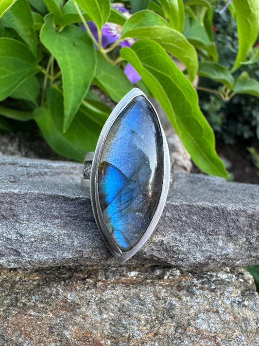 Handmade sterling silver labradorite marquise ring, front view
