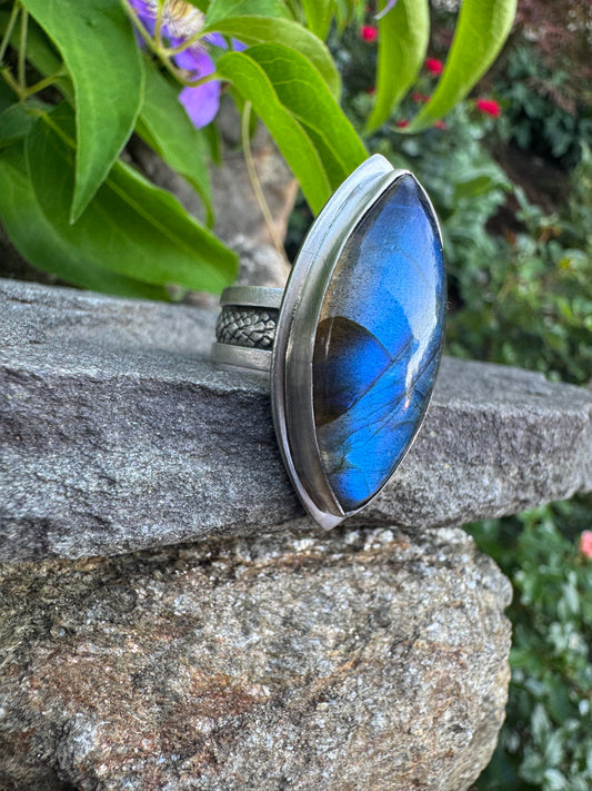 Handmade sterling silver labradorite marquise ring, alternate view
