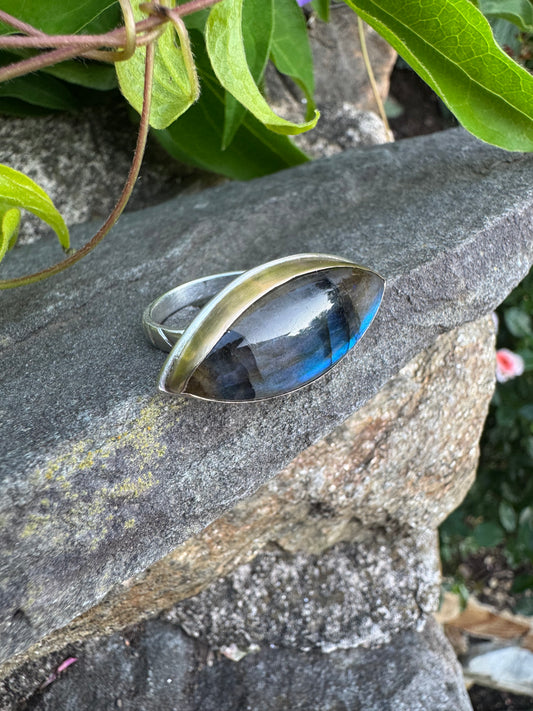 Handmade 14K gold golden labradorite marquise ring, alternate view