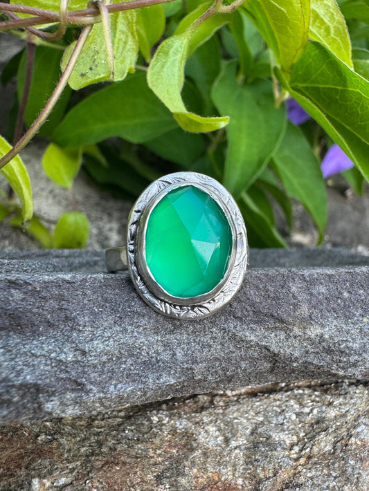 Handmade sterling silver green onyx ring, front view