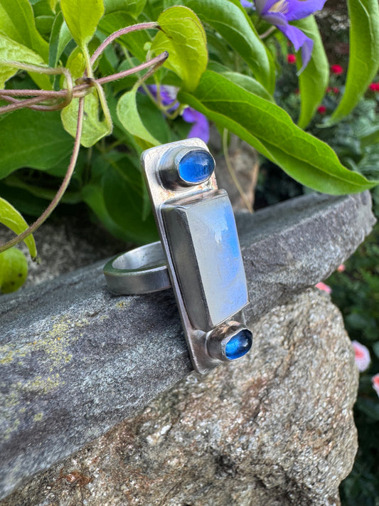 Handmade sterling silver elongated moonstone and sapphire ring, alternate view