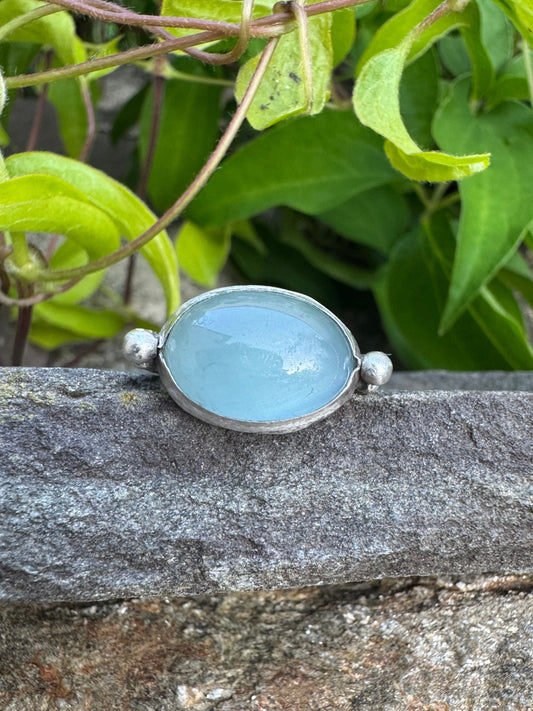 Handmade sterling silver aquamarine ring, front view