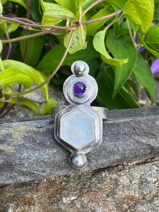 Handmade sterling silver moonstone, labradorite and amethyst cluster ring, front view