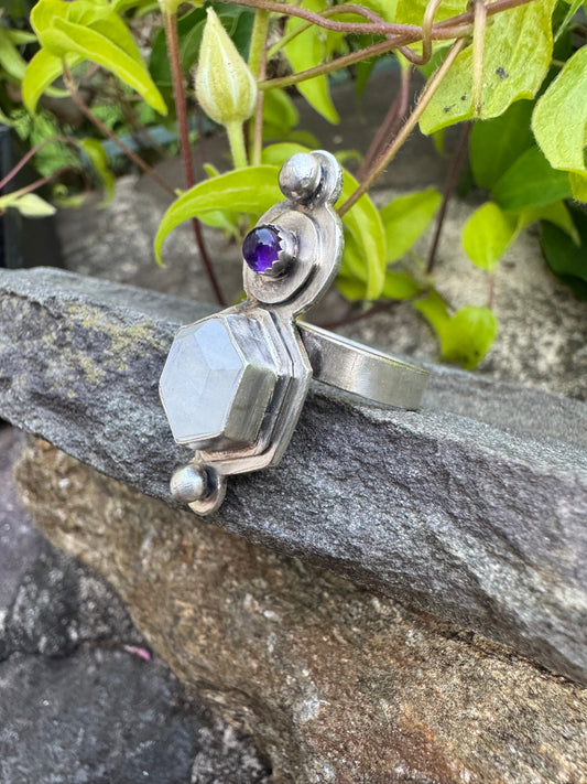 Handmade sterling silver moonstone, labradorite and amethyst cluster ring, alternate view