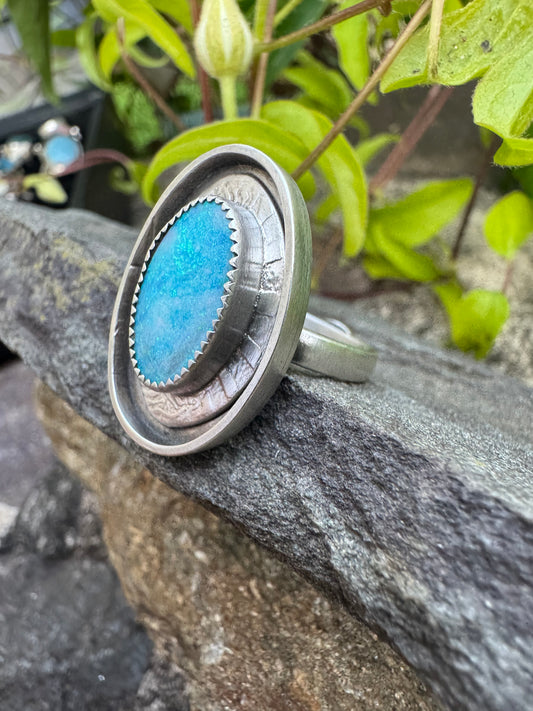 Handmade sterling silver Australian opal ring in sterling silver with beaded bezel, alternate view