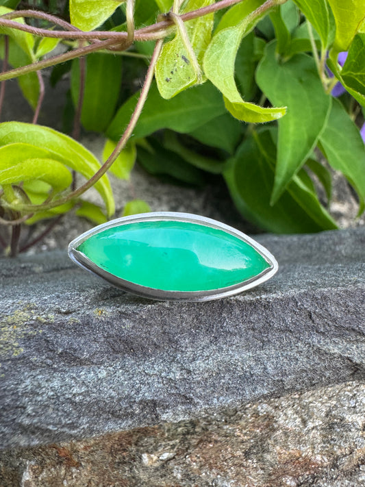Handmade sterling silver chrysoprase marquise ring, front view