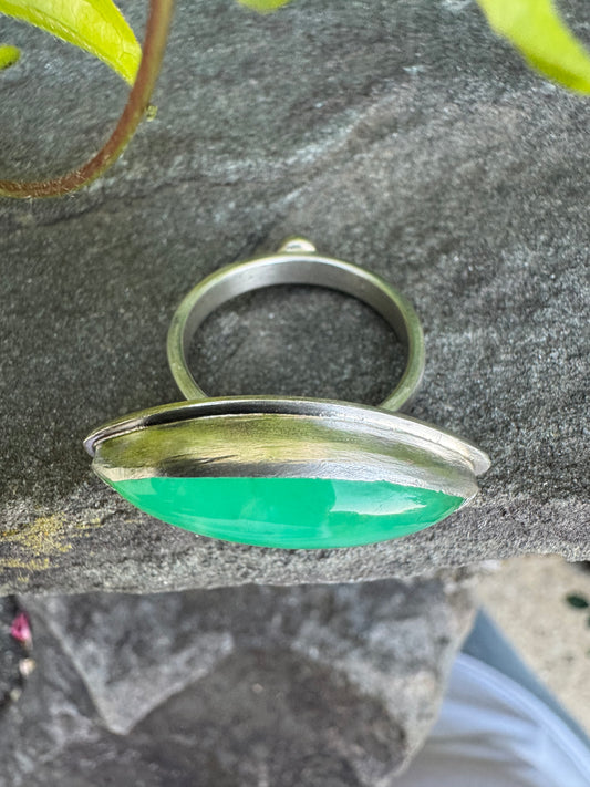 Handmade sterling silver chrysoprase marquise ring, alternate view