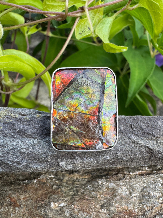 Handmade sterling silver warm ammolite rectangular ring, front view
