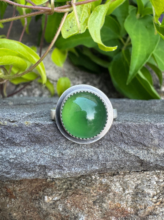 Handmade sterling silver green onyx ring, front view
