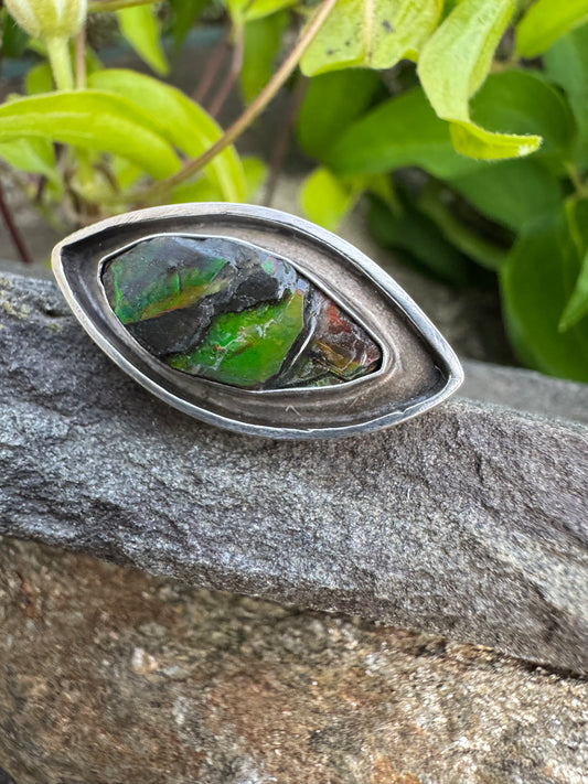 Handmade sterling silver ammolite marquise ring, alternate view