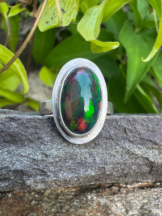 Handmade sterling silver black opal ring, front view