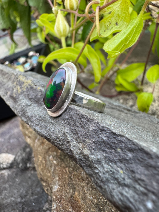 Handmade sterling silver black opal ring, alternate view