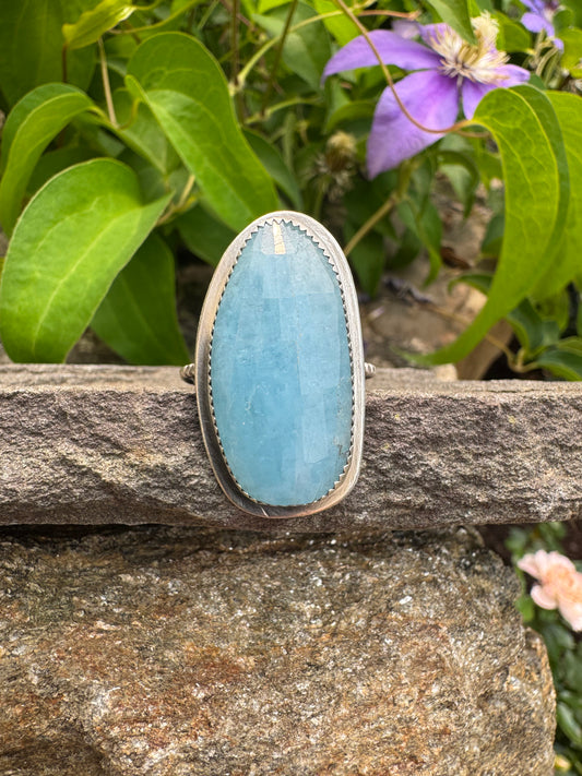 Handmade sterling silver aquamarine ring, front view