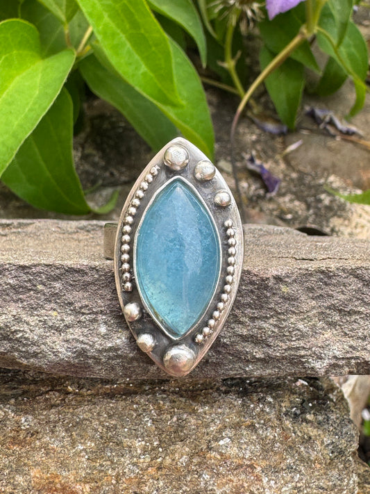 Handmade sterling silver aquamarine marquise ring, front view