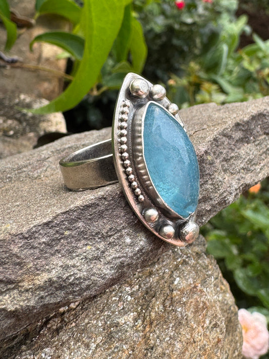 Handmade sterling silver aquamarine marquise ring, alternate view