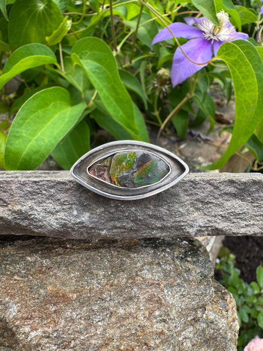 Handmade sterling silver ammolite marquise ring, front view