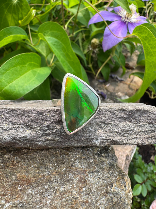 Handmade sterling silver ammolite triangle ring, front view