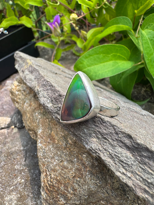 Handmade sterling silver ammolite triangle ring, alternate view