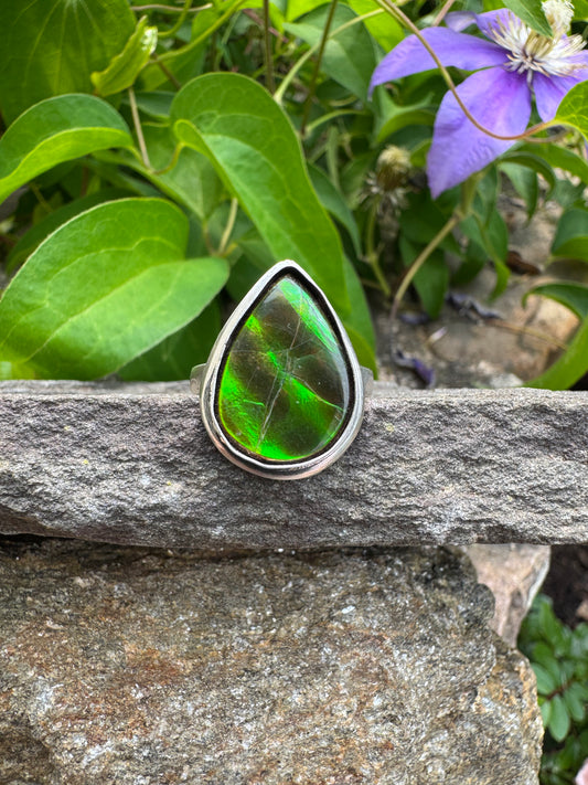 Handmade sterling silver ammolite ring, front view