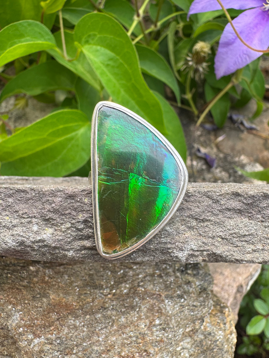 Handmade sterling silver ammolite ring, front view