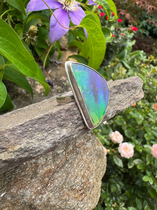Handmade sterling silver ammolite ring, alternate view