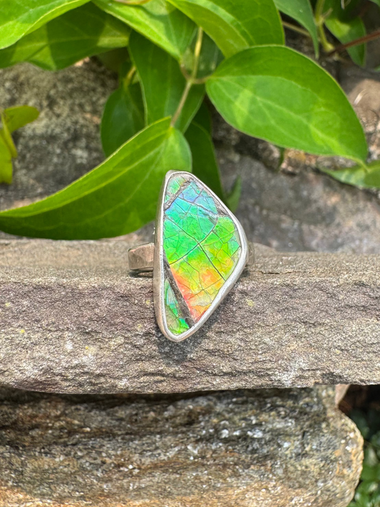 Handmade sterling silver freeform dark ammolite ring, front view