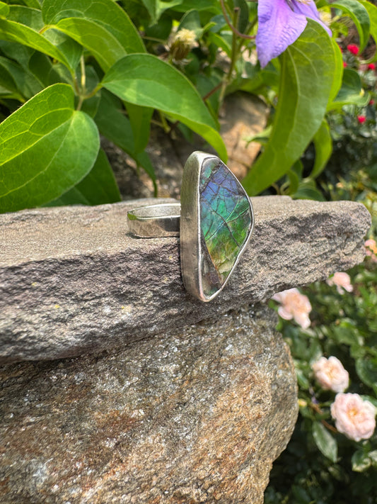 Handmade sterling silver freeform dark ammolite ring, alternate view