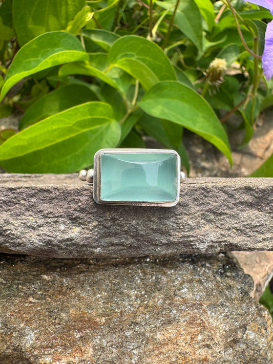 Handmade sterling silver aquamarine chalcedony square ring, front view