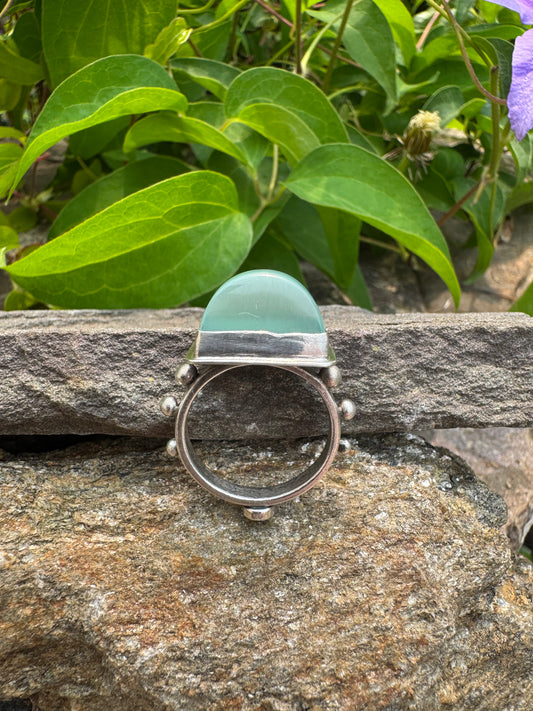 Handmade sterling silver aquamarine chalcedony square ring, alternate view
