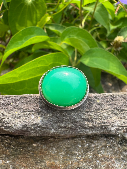 Handmade sterling silver chrysoprase ring, front view