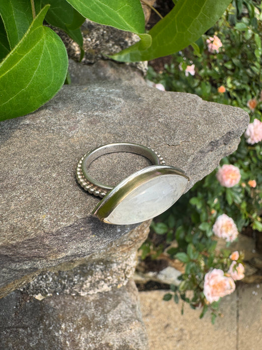Handmade sterling silver moonstone ring, set in gold, alternate view