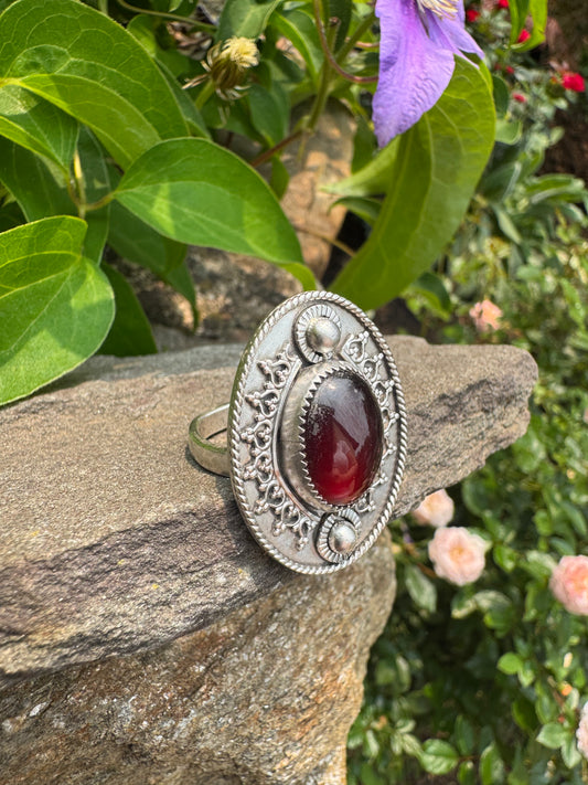 Handmade sterling silver garnet ring, alternate view