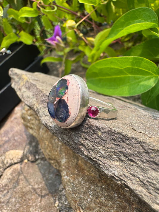Handmade sterling silver fire opal, pink sapphire and blue sapphire ring, alternate view