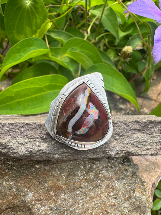 Handmade sterling silver fire opal ring, front view