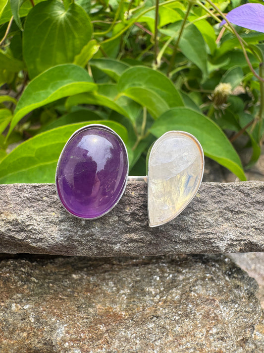 Handmade sterling silver moonstone and amethyst two-stone ring, front view