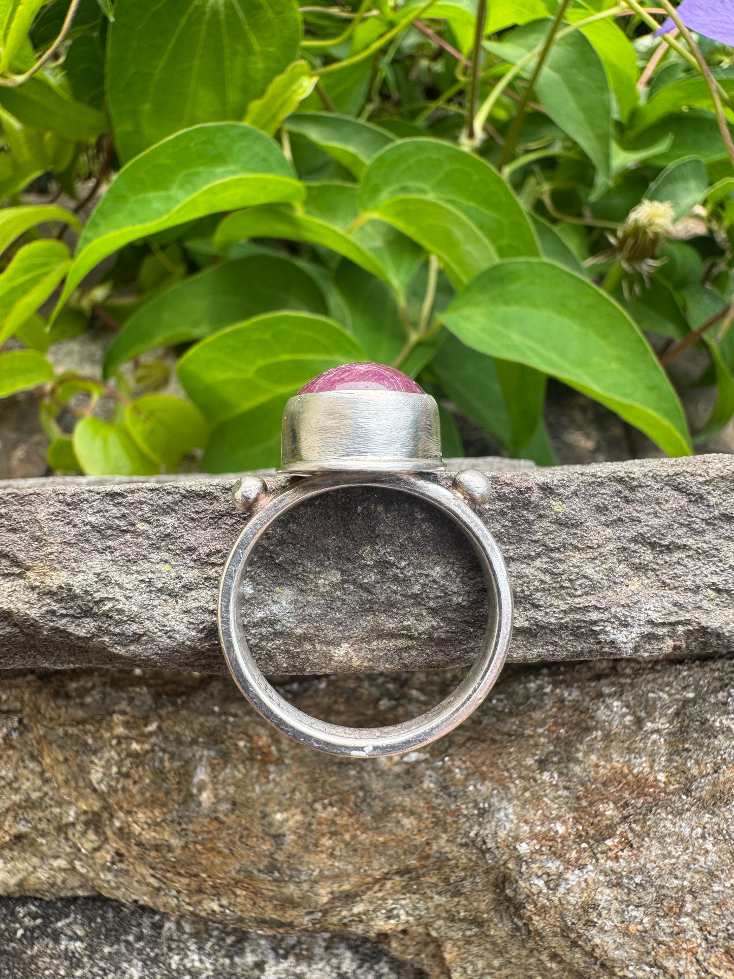Handmade sterling silver faceted ruby round ring, alternate view