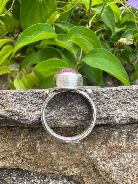 Handmade sterling silver faceted ruby round ring, alternate view