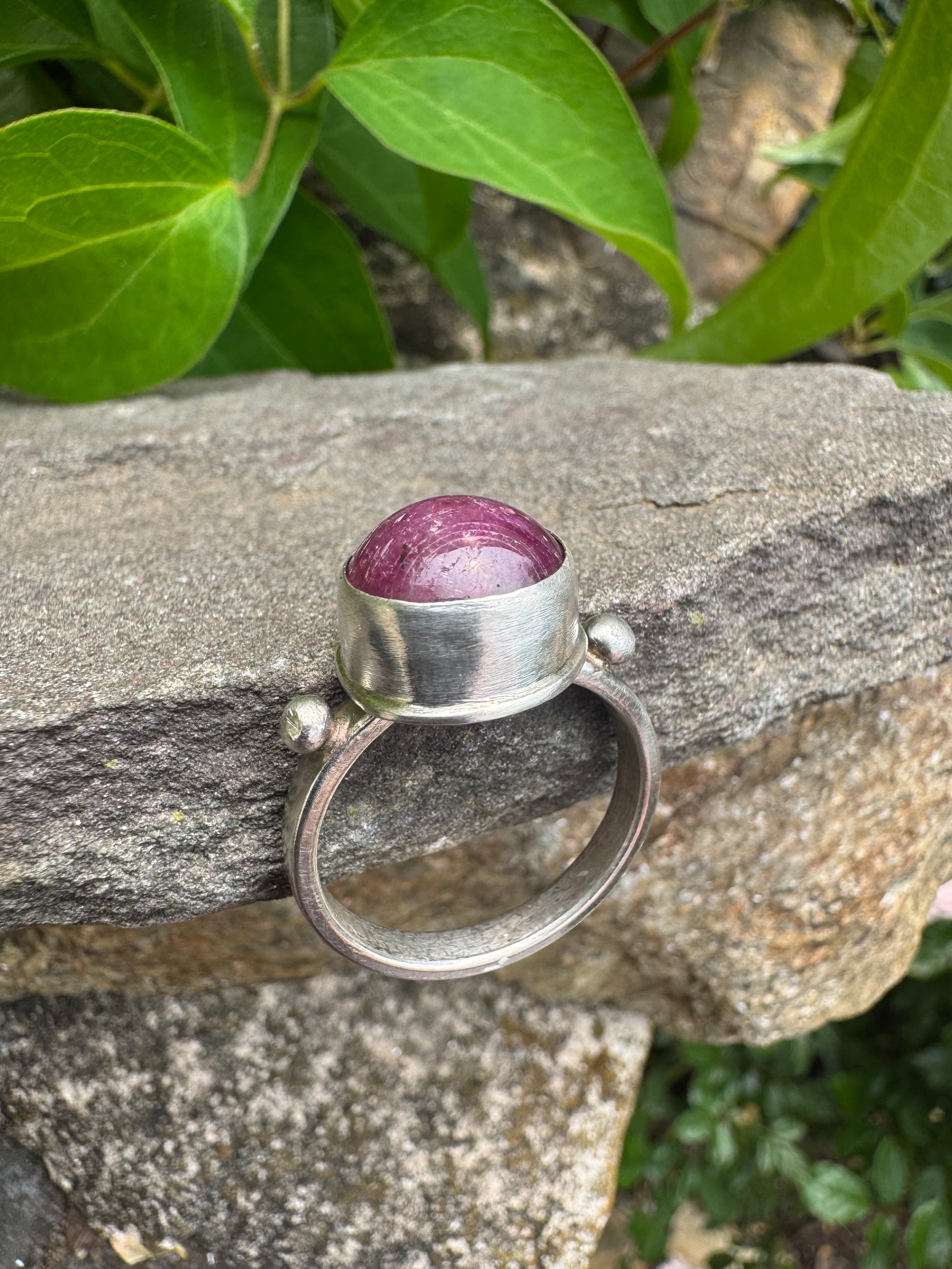 Handmade sterling silver faceted ruby round ring, detail view