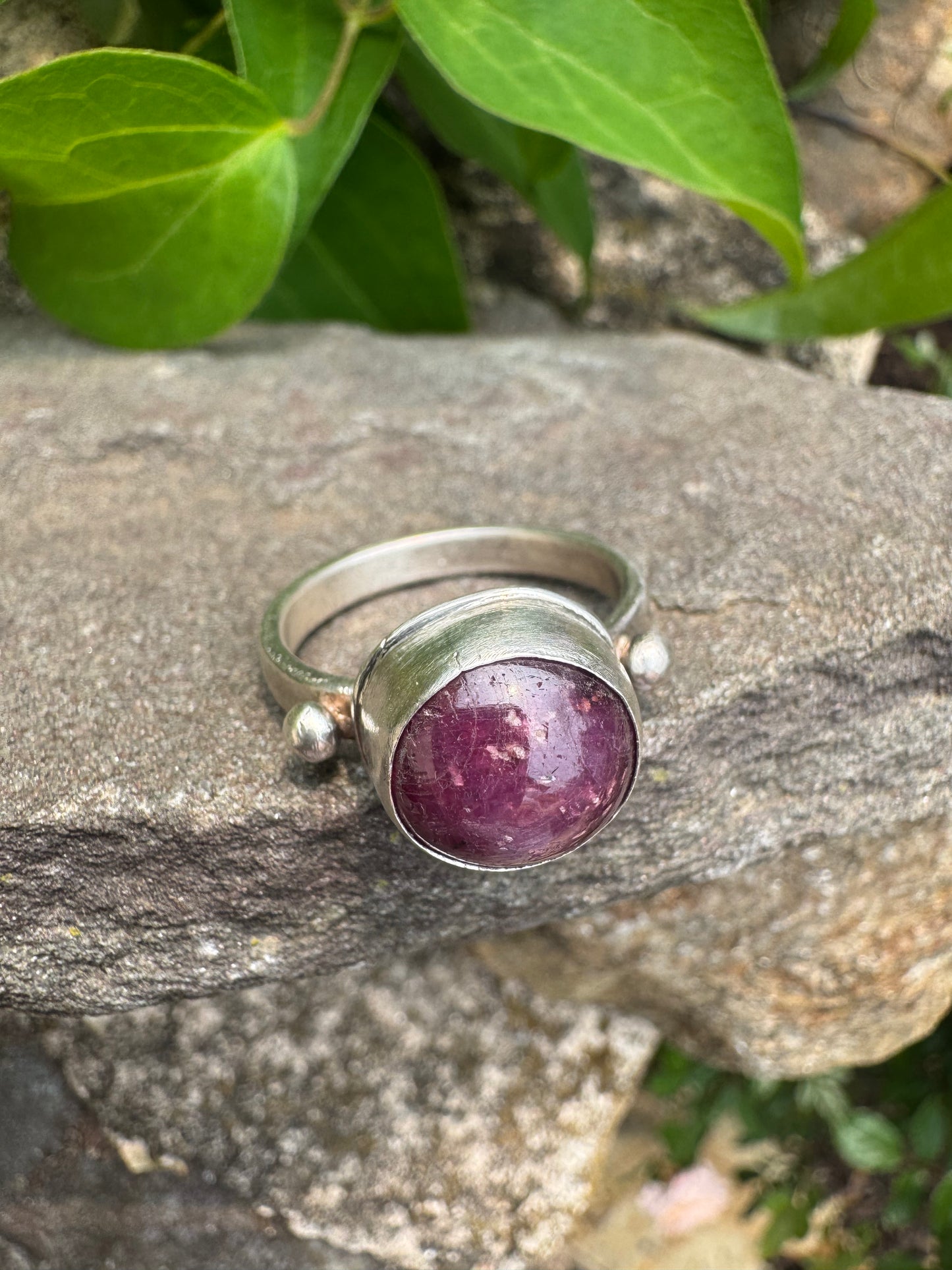 Handmade sterling silver faceted ruby round ring, additional view