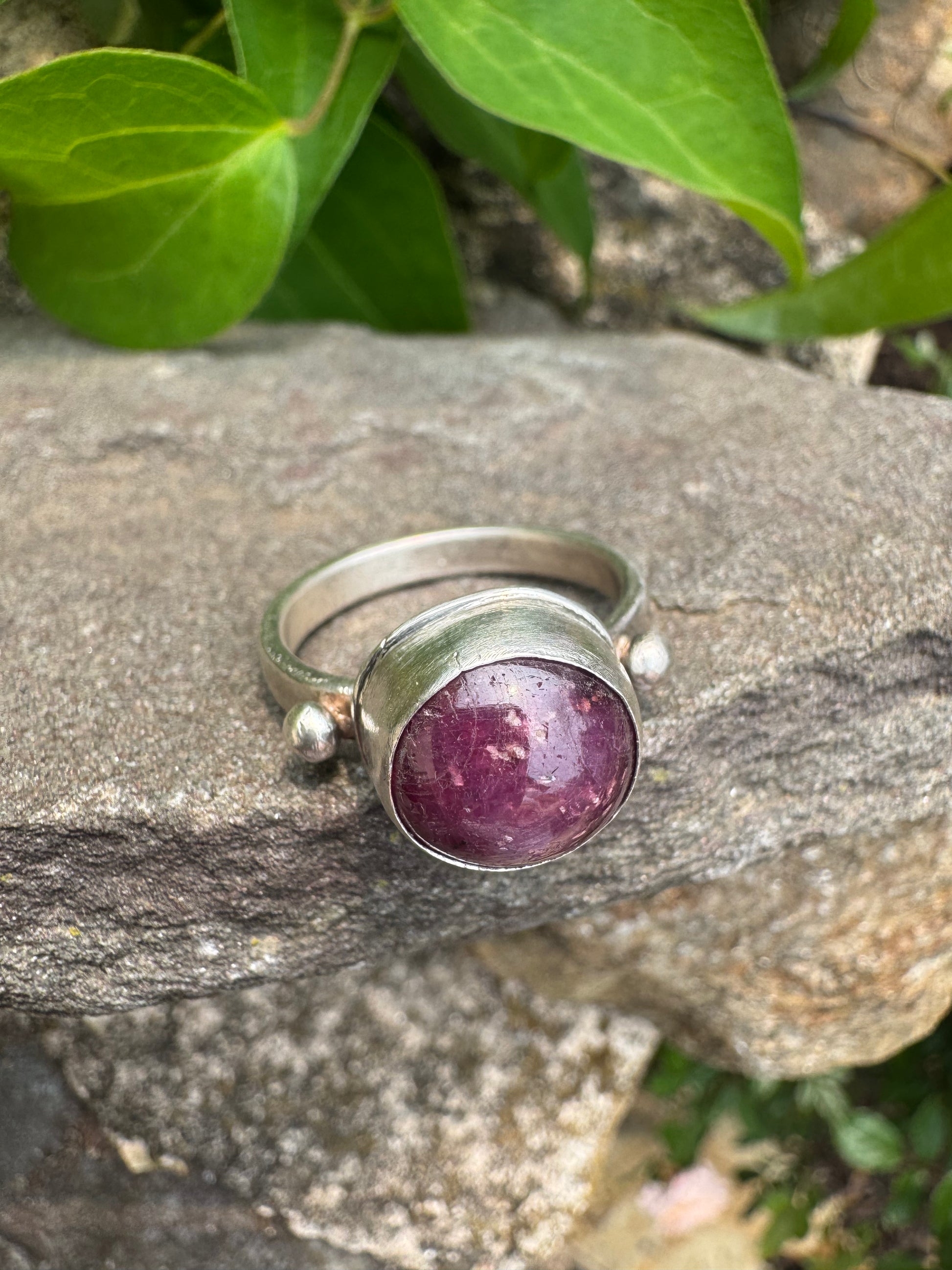 Handmade sterling silver faceted ruby round ring, additional view
