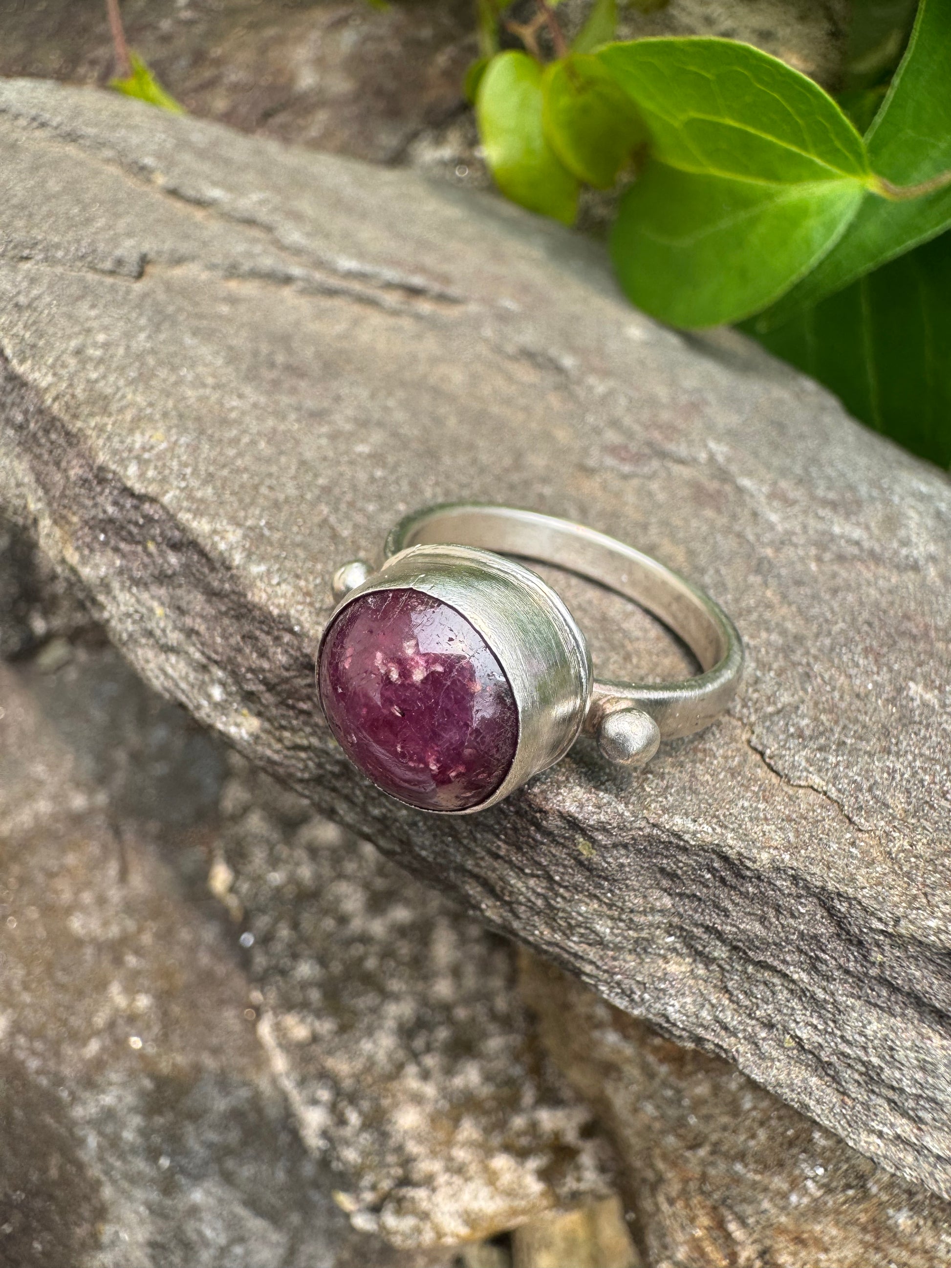 Handmade sterling silver faceted ruby round ring, additional view