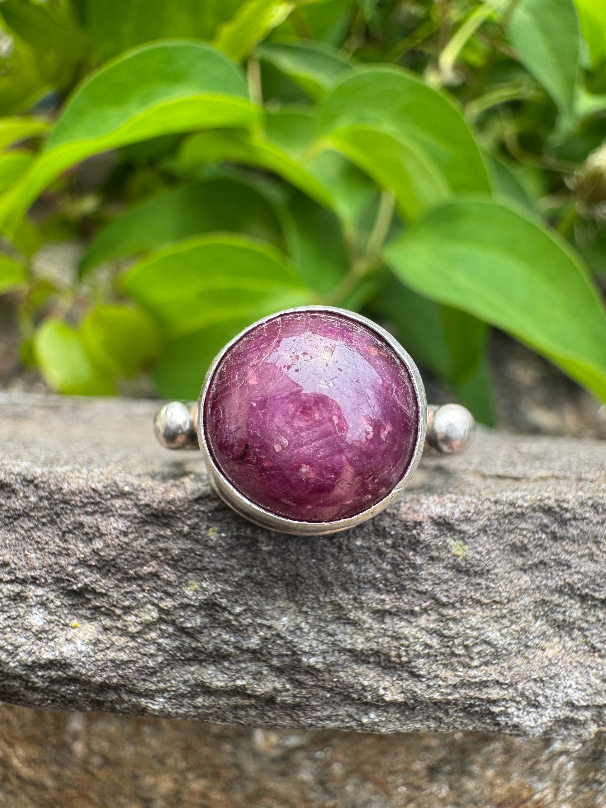 Handmade sterling silver faceted ruby round ring, additional view