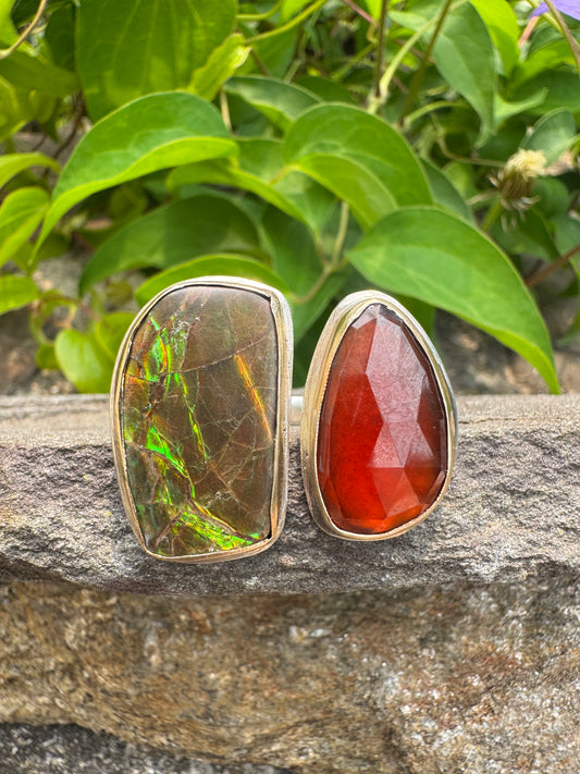 Handmade sterling silver garnet and ammolite ring, set in 14k gold, alternate view