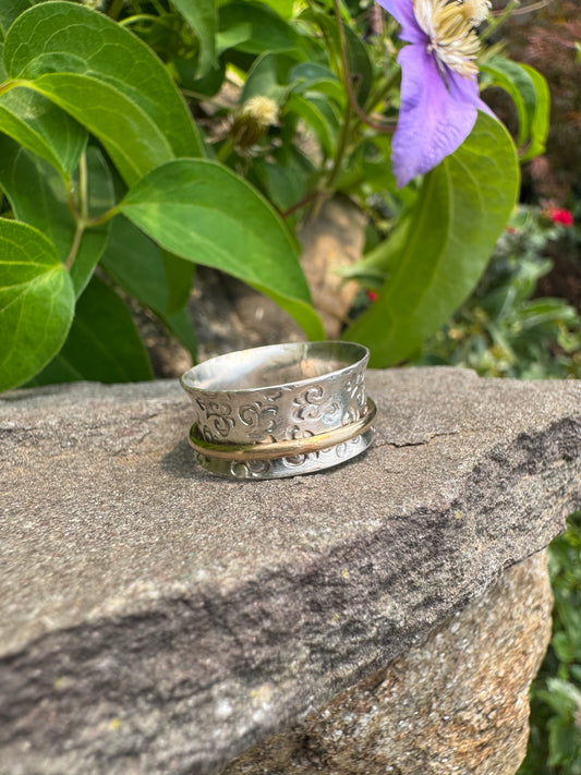 Handmade sterling silver hand-engraved wide spinner band, alternate view