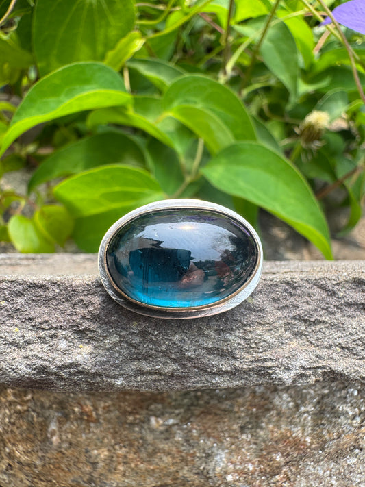 Handmade sterling silver kyanite ring, set in gold, front view