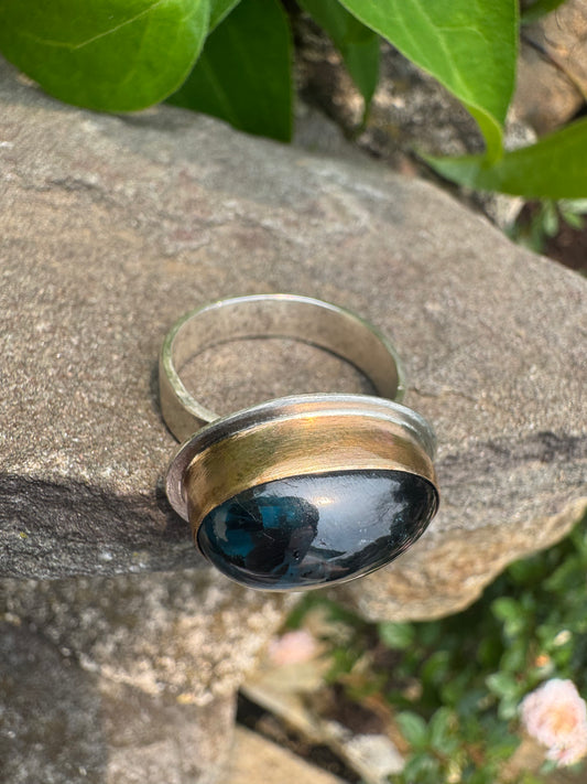 Handmade sterling silver kyanite ring, set in gold, alternate view