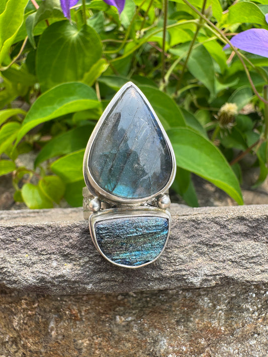 Handmade sterling silver labradorite and rainbow druzy two-stone ring, alternate view