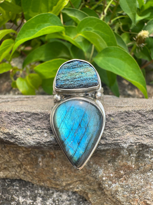 Handmade sterling silver labradorite and rainbow druzy two-stone ring, front view