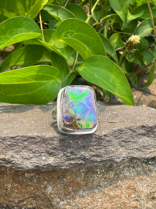 Handmade sterling silver ammolite marquise ring