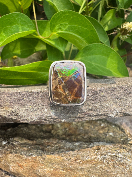 Handmade sterling silver ammolite ring, alternate view